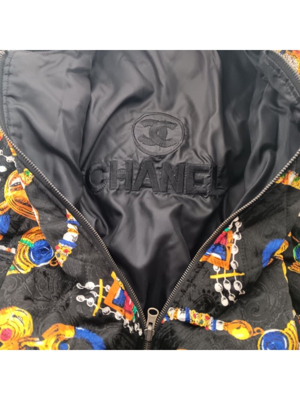 Vintage 1990's Chain Puffer Jacket Quilted Bomber Silk Reversible Gem Print Zip